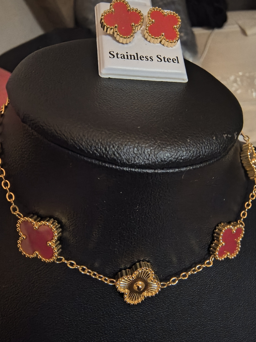 Gold Tone Necklace and Stud Earrings Set with Red Clover Motif